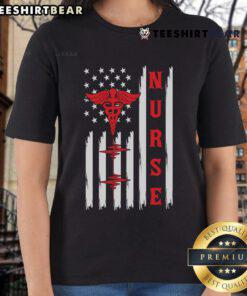 Official Red Nurse Caduceus with American Flag and ECG Heartbeat design on ladies tee shirt, perfect for healthcare professionals.