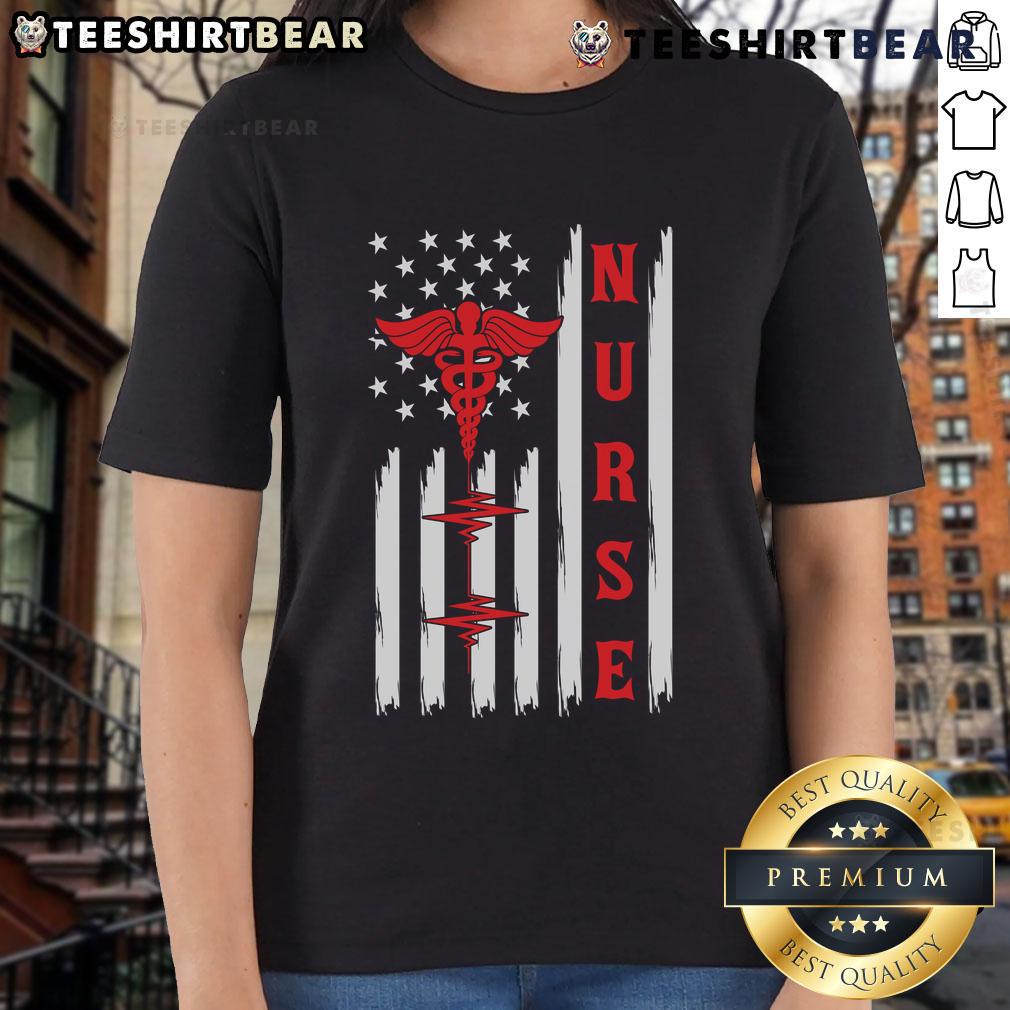 Official Red Nurse Caduceus with American Flag and ECG Heartbeat design on ladies tee shirt, perfect for healthcare professionals.