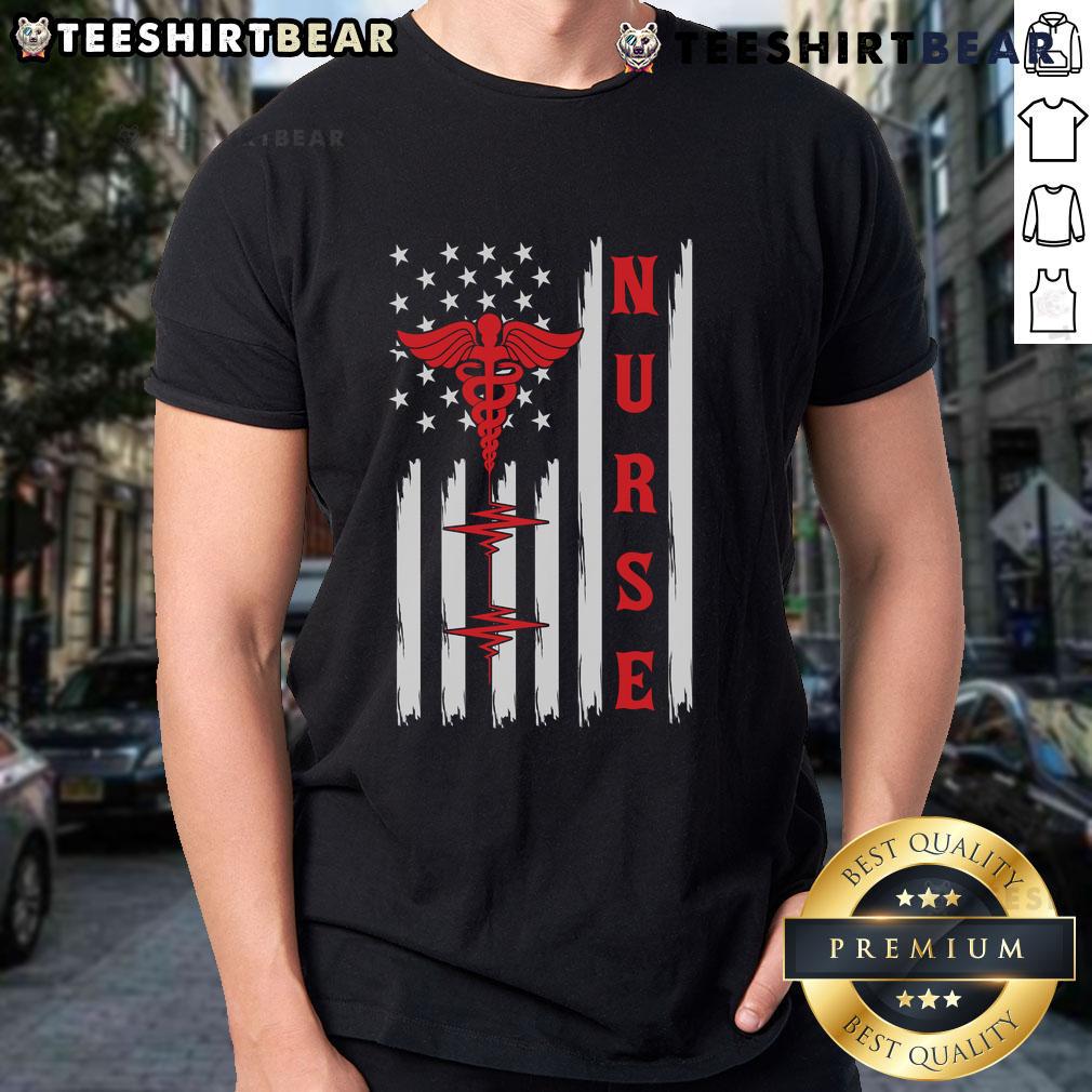 Official Red Nurse Caduceus with American Flag and ECG Heartbeat design on a T-Shirt for healthcare professionals.