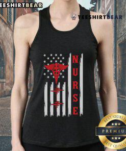 Official Red Nurse Caduceus tank top featuring American flag and ECG heartbeat design for healthcare professionals.