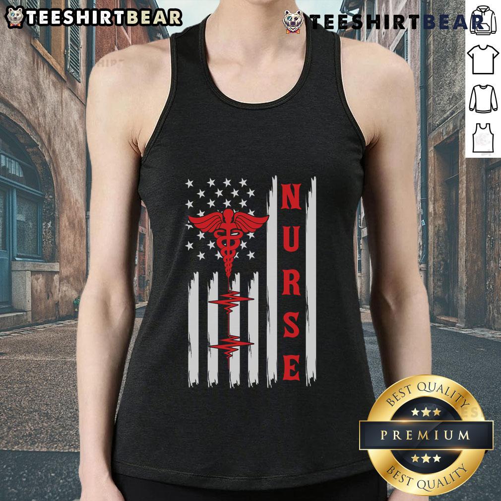 Official Red Nurse Caduceus tank top featuring American flag and ECG heartbeat design for healthcare professionals.