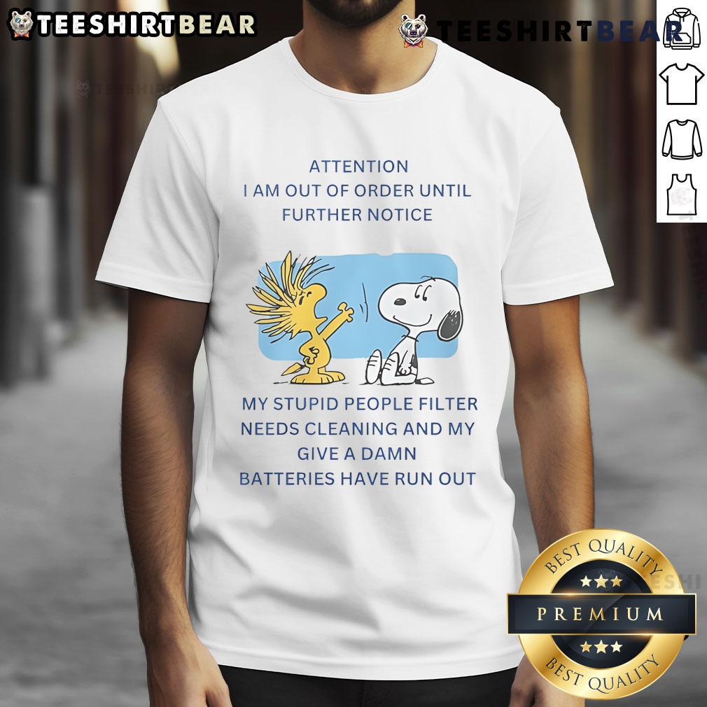 Official Snoopy Woodstock T-Shirt featuring 'I Am Out Of Order Until Further Notice' design, perfect for casual wear.