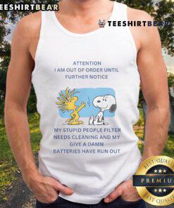 Official Snoopy Woodstock tank top with 'I Am Out Of Order Until Further Notice' text design, perfect for casual wear.