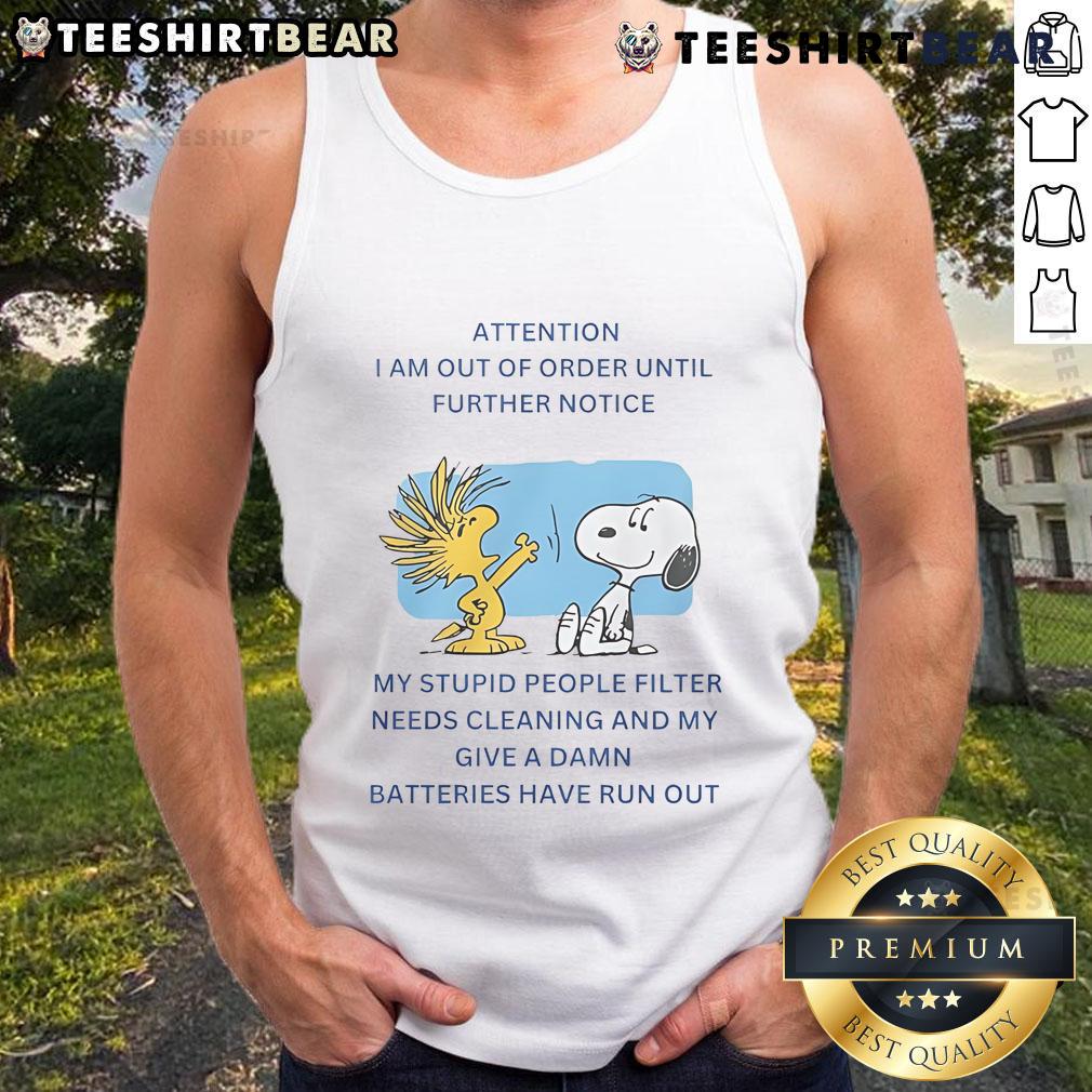 Official Snoopy Woodstock tank top with 'I Am Out Of Order Until Further Notice' text design, perfect for casual wear.