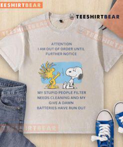 Official Snoopy Woodstock 'I Am Out Of Order Until Further Notice' washed t-shirt featuring playful graphic design.
