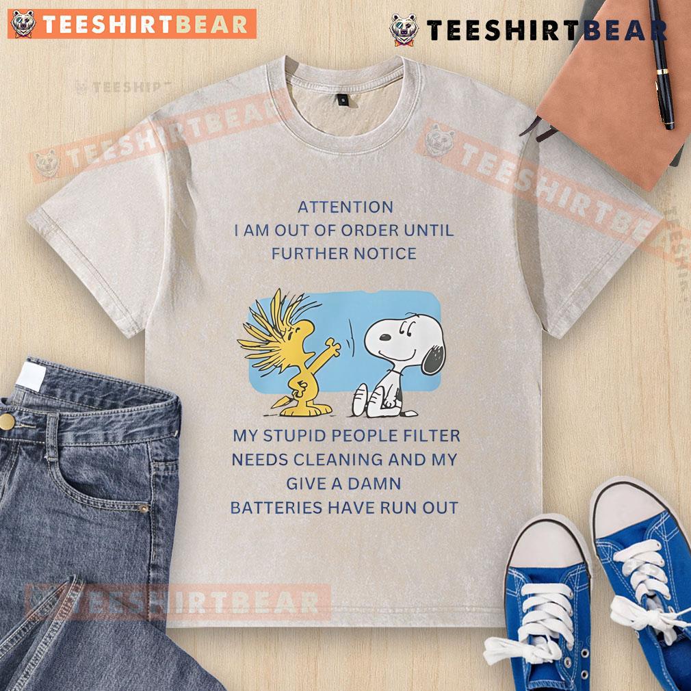 Official Snoopy Woodstock 'I Am Out Of Order Until Further Notice' washed t-shirt featuring playful graphic design.