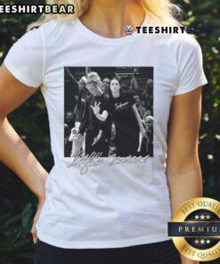 Official Sophie Cunningham X Caitlin Clark Indiana Fever basketball WNBA ladies tee featuring vibrant team colors and logos.