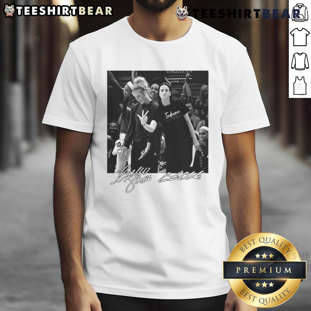 Official Sophie Cunningham X Caitlin Clark Indiana Fever WNBA basketball T-shirt featuring team colors and logos.