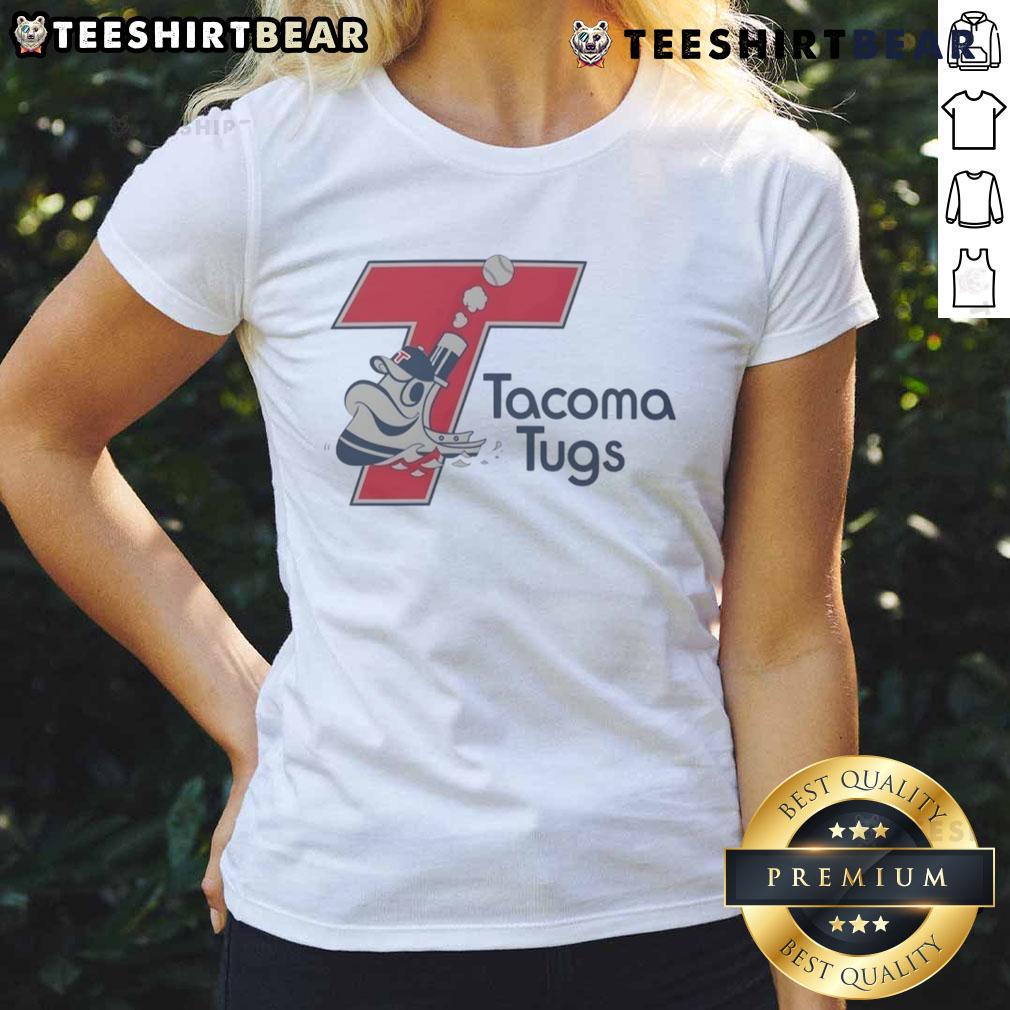 Alt Text: Official Tacoma Tugs Baseball logo on a stylish ladies tee, perfect for fans and casual wear.