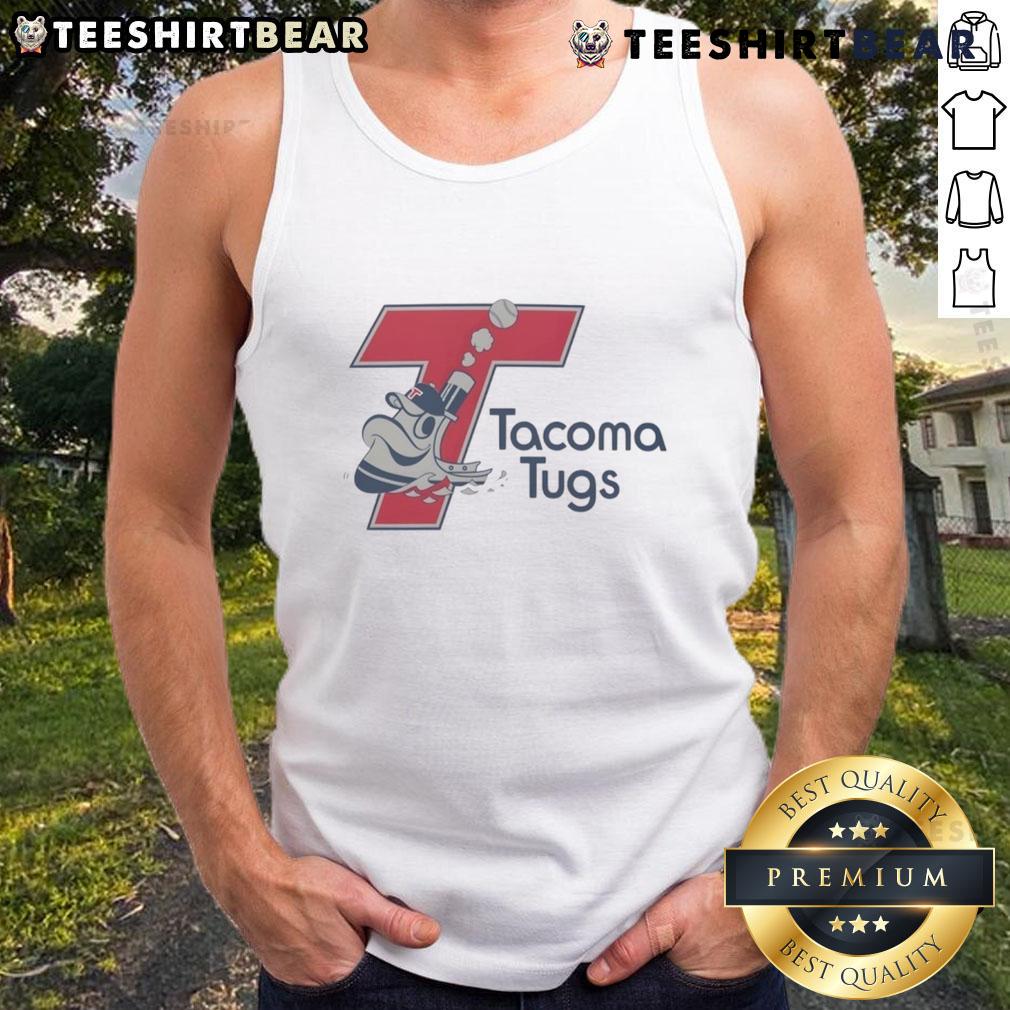 Alt Text: Official Tacoma Tugs baseball logo tank top featuring vibrant colors and sports design for fans and players.