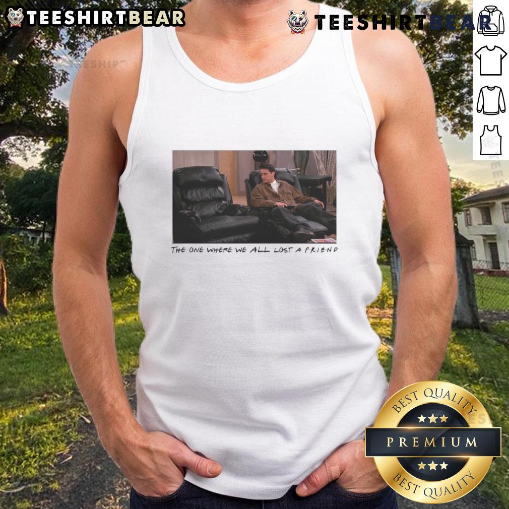 Chandler Bing tank top from 'The One Where We All Lost A Friend' featuring iconic quotes and vibrant design.