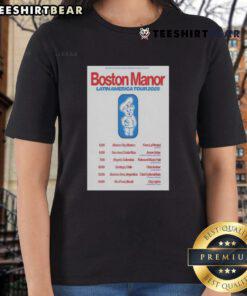 Alt Text: Boston Manor Official Tour Latin America 2025 poster featuring ladies tee design with vibrant graphics.