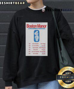 Official Tour Latin America 2025 Boston Manor sweatshirt poster featuring vibrant tour graphics and dates.