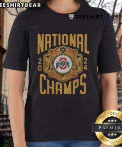 Official WWE x Ohio State National Champs 2024 Ladies Tee featuring bold graphics and a stylish fit for fans.