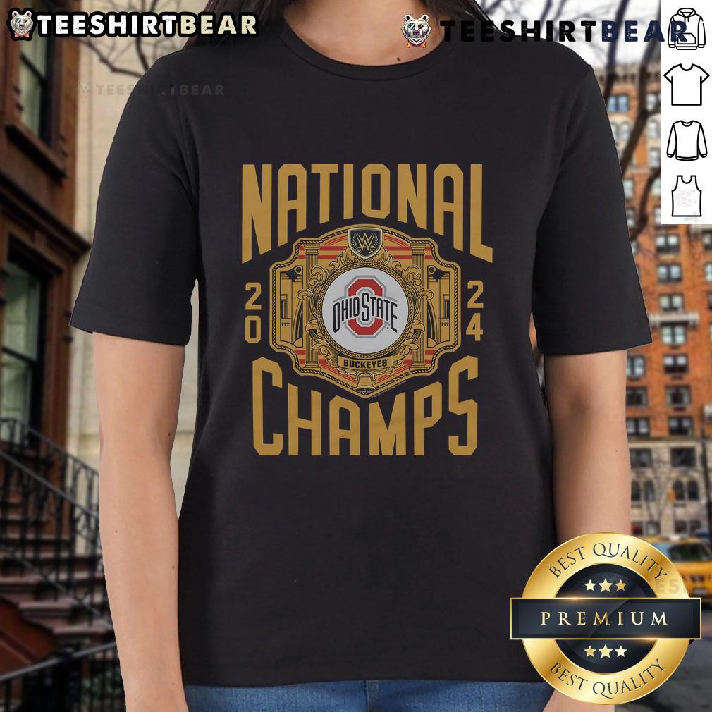 Official WWE x Ohio State National Champs 2024 Ladies Tee featuring bold graphics and a stylish fit for fans.