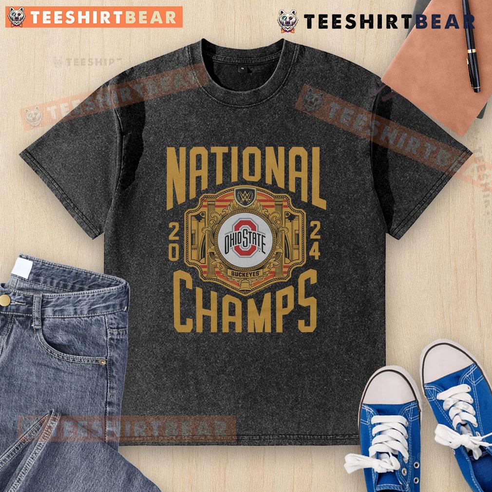 Official WWE x Ohio State National Champs 2024 washed t-shirt featuring team colors and logo for fans.