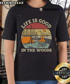 Original Life Is Good In The Wood Retro Sunset Ladies Tee showcasing a vibrant sunset design on a stylish women's t-shirt.