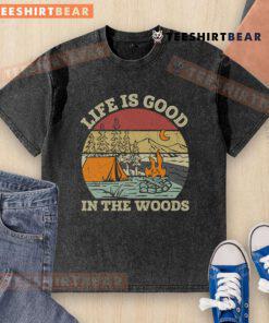 Original Life Is Good In The Wood Retro Sunset Washed T-Shirt featuring a vibrant sunset graphic on a soft tee.