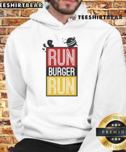 Original Run Burger Run hoodie featuring Pac-Man chasing a hamburger in a vibrant, retro game design.