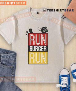 Alt Text: Original Run Burger Run T-shirt featuring Pac-Man chasing a hamburger design in vibrant colors.