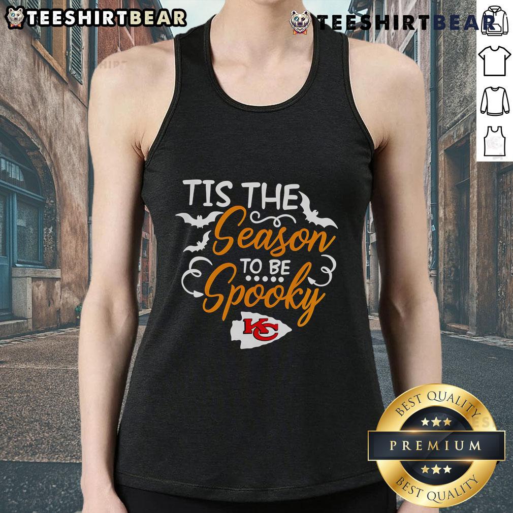 Original Tis The Season To Be Spooky Kansas City Chiefs tank top featuring festive Halloween design and team colors.