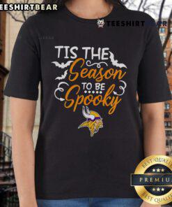 Alt Text: Minnesota Vikings ladies tee featuring 'Tis The Season To Be Spooky' design for Halloween fans.