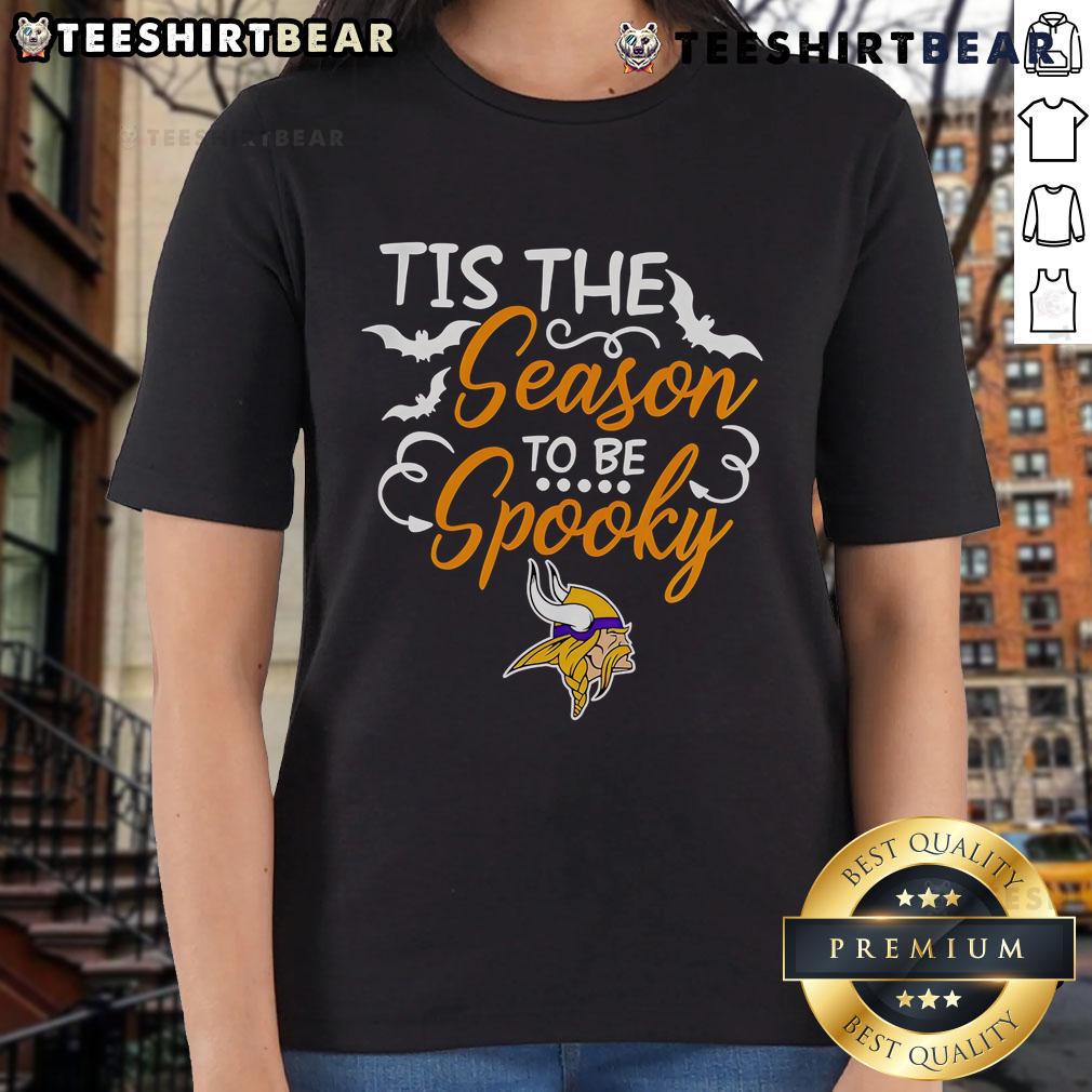 Alt Text: Minnesota Vikings ladies tee featuring 'Tis The Season To Be Spooky' design for Halloween fans.