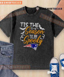 Alt Text: Original Tis The Season To Be Spooky New England Patriots washed t-shirt, perfect for Halloween and football fans.