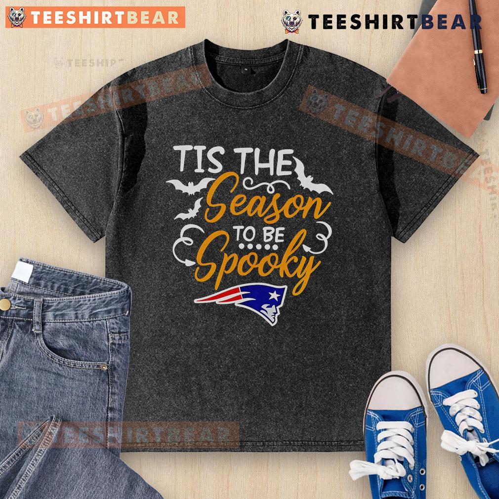 Alt Text: Original Tis The Season To Be Spooky New England Patriots washed t-shirt, perfect for Halloween and football fans.