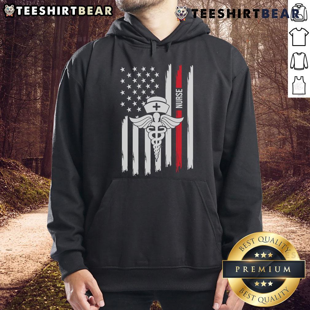 Premium American Flag Nurse Caduceus Red Stripe Hoodie for Healthcare Heroes, showcasing patriotism and nursing pride.