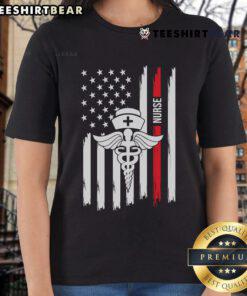 Alt Text: Premium American Flag Nurse Tee with Caduceus and Red Stripe, honoring healthcare heroes in stylish ladies' fashion.