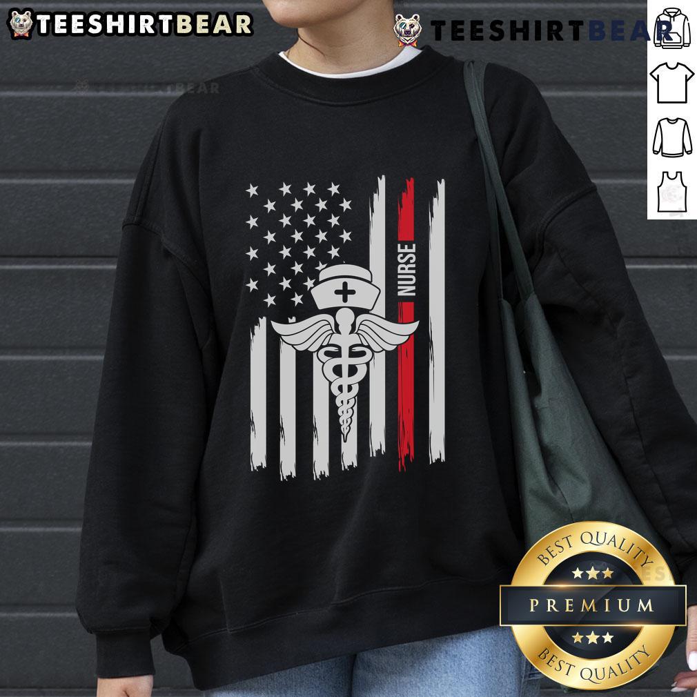 Premium American Flag Nurse Caduceus Sweatshirt with red stripe, honoring healthcare heroes in stylish comfort.