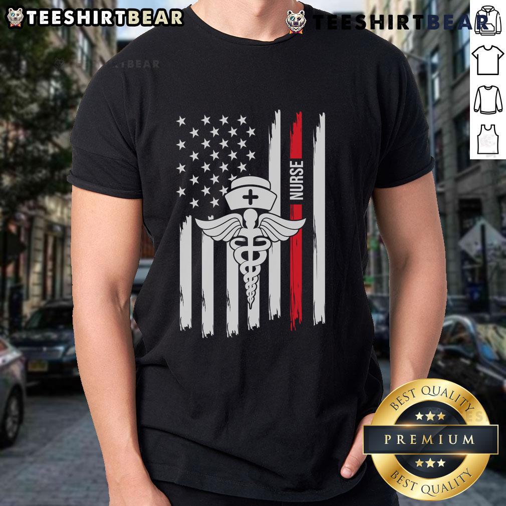 Alt Text: Premium American Flag Nurse T-Shirt featuring Caduceus and Red Stripe, celebrating healthcare heroes in style.