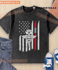 Alt Text: Premium American Flag Nurse Caduceus T-Shirt with Red Stripe, honoring healthcare heroes in stylish comfort.