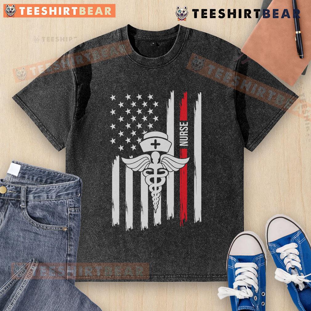 Alt Text: Premium American Flag Nurse Caduceus T-Shirt with Red Stripe, honoring healthcare heroes in stylish comfort.