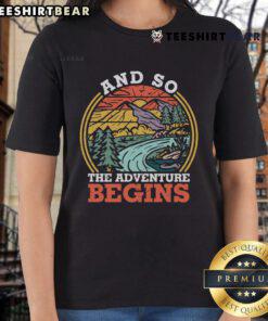 Retro vintage sunset ladies tee featuring a stylish 'Premium And So The Adventure Begins' graphic design.