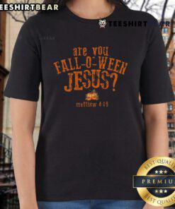 Premium 'Are You Fall-O-Ween Jesus' ladies tee in vibrant colors, perfect for festive autumn celebrations and casual wear.