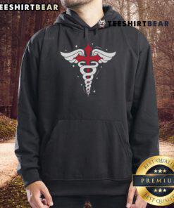 Premium Christian nurse hoodie with caduceus symbol, red cross, angel wings, and serpent staff design.
