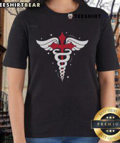 Alt Text: Premium Christian nurse tee featuring caduceus symbol, red cross, angel wings, and serpent staff design.