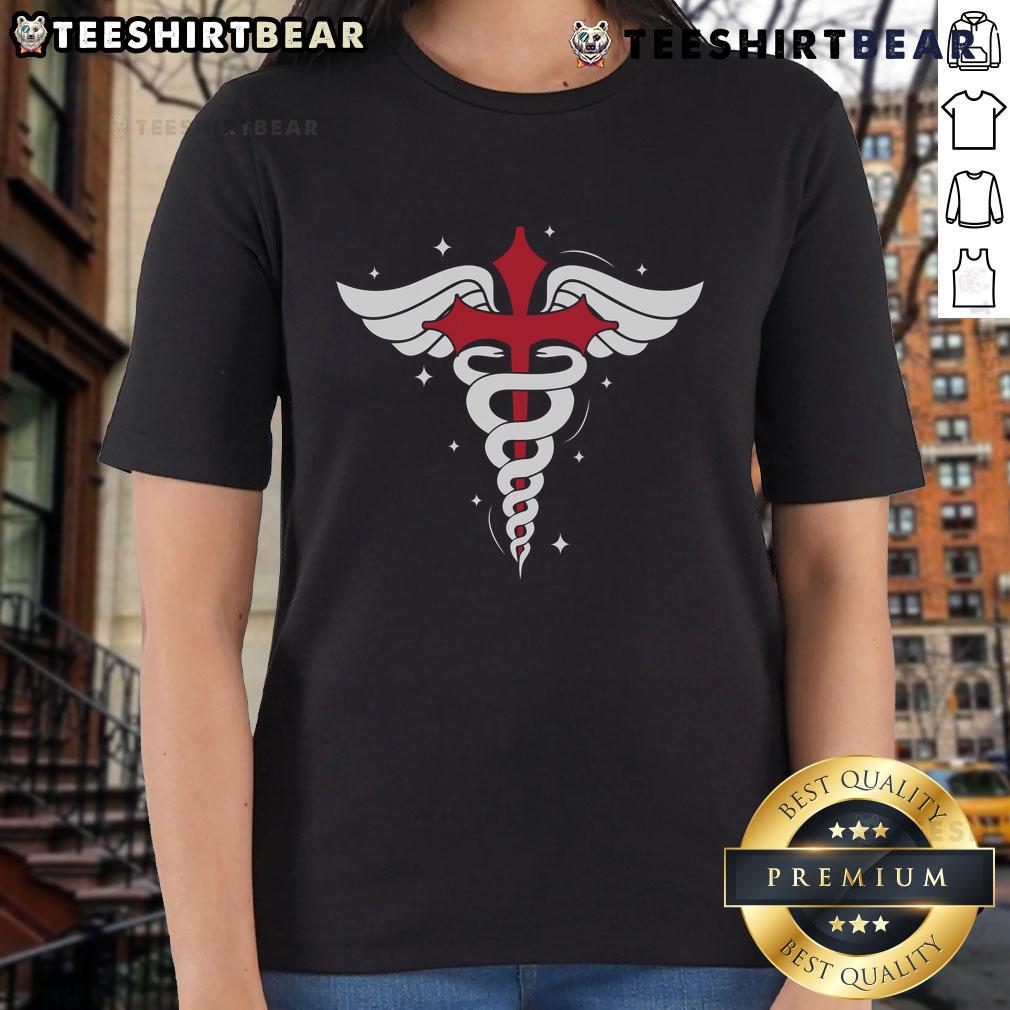 Alt Text: Premium Christian nurse tee featuring caduceus symbol, red cross, angel wings, and serpent staff design.