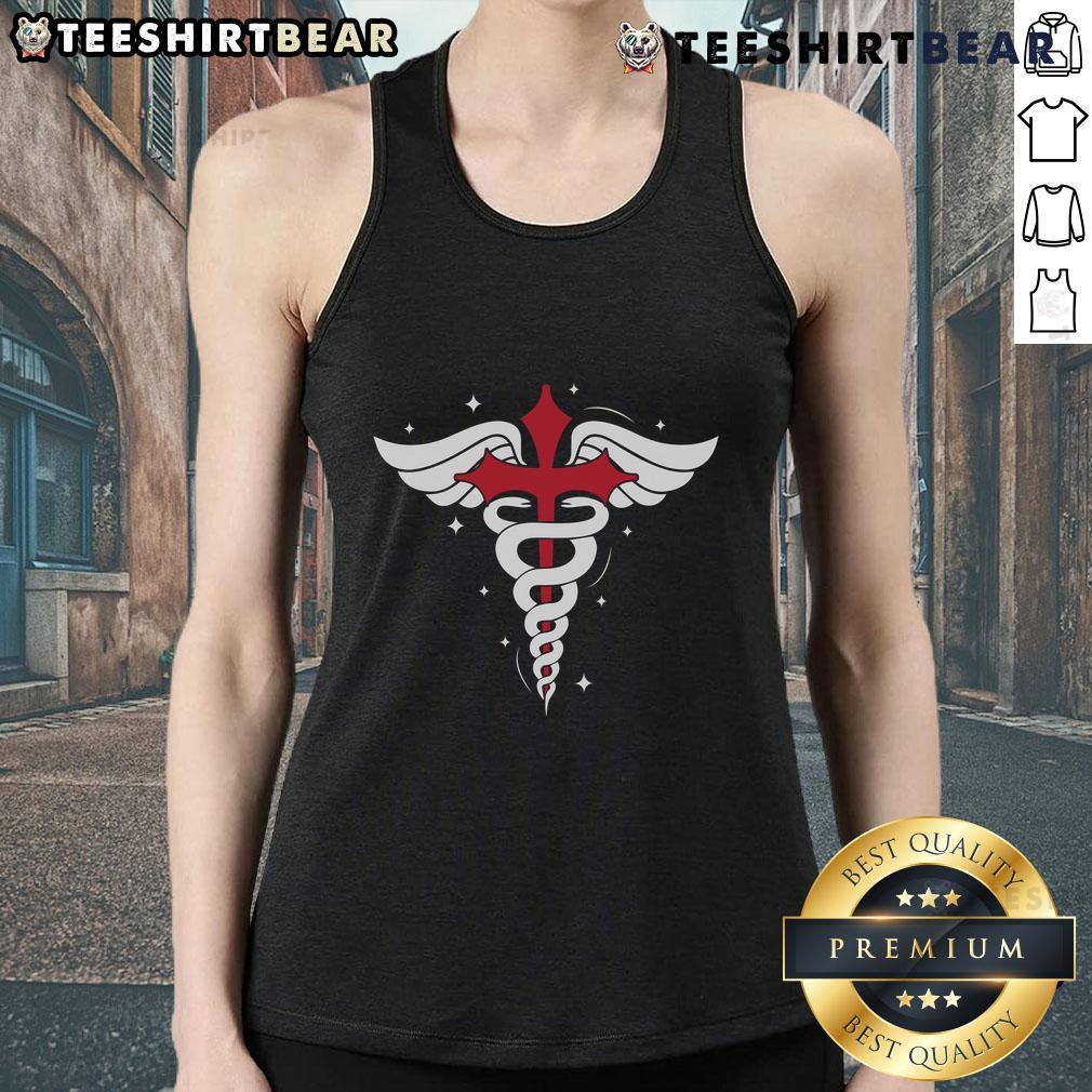 Premium Christian nurse tank top featuring caduceus symbol, red cross, angel wings, and serpent staff design.