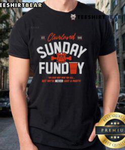 Premium Cleveland Browns Never Lost A Party Sunday T-Shirt in orange featuring team logo and bold graphic design.
