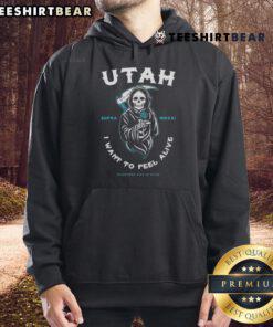 Premium 'Everyone Dies in Utah, I Want to Feel Alive' Reaper Hoodie featuring a striking design and comfortable fit.