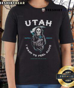 Premium 'Everyone Dies in Utah' Reaper Ladies Tee featuring a stylish design for comfortable, edgy fashion.