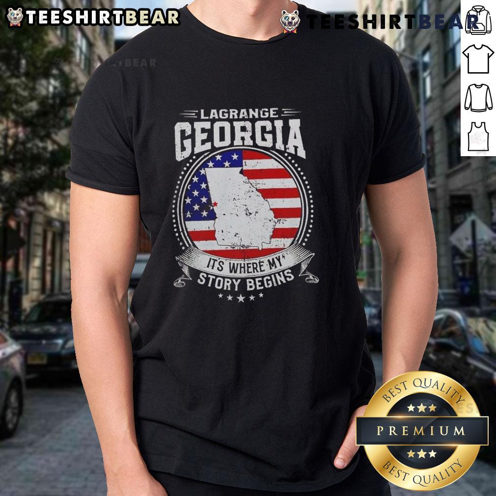 Premium Lagrange Georgia 'It's Where My Story Begins' flag t-shirt design featuring vibrant colors and a stylish fit.