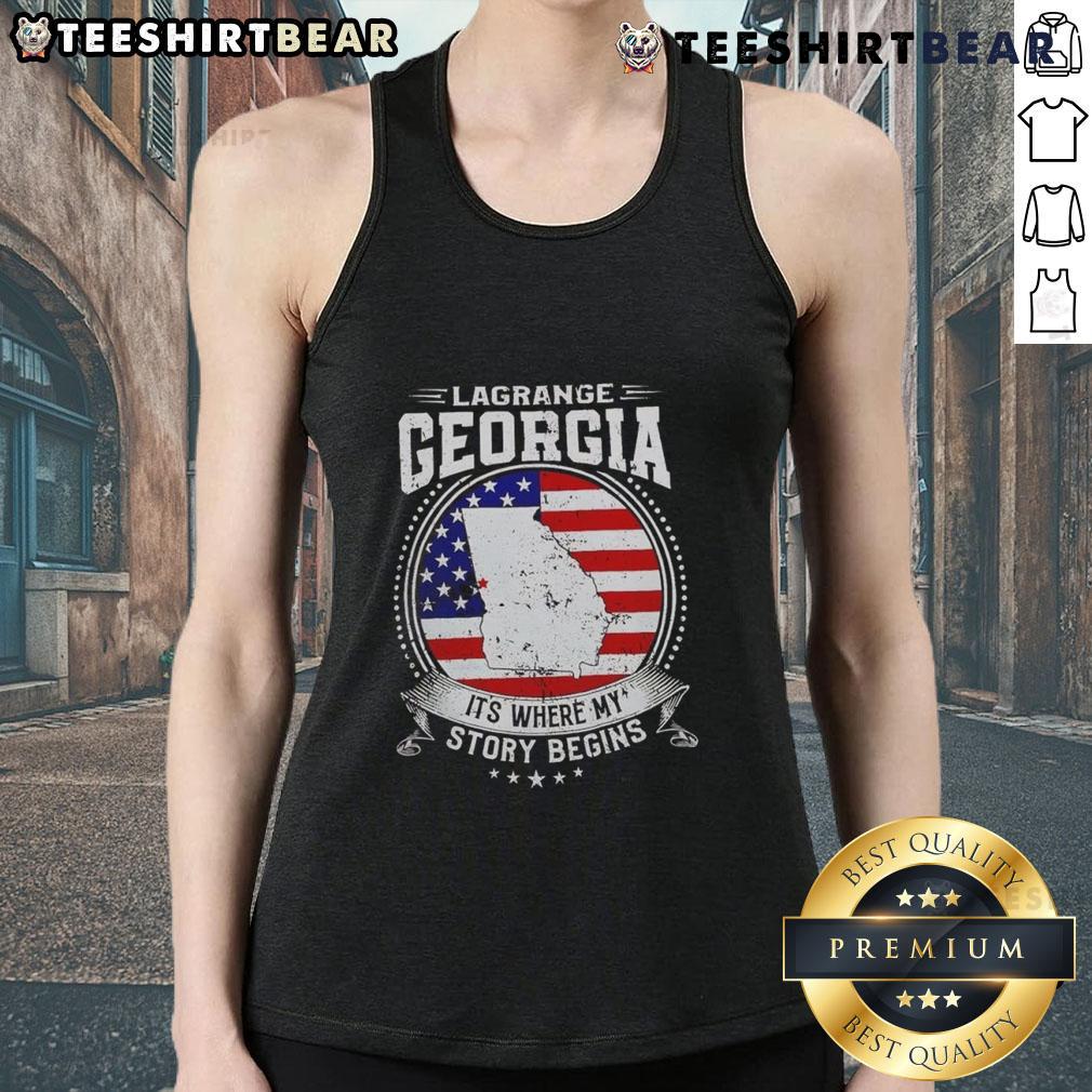 Woman wearing a Premium Lagrange Georgia tank top with 'It's Where My Story Begins' design, showcasing local pride.