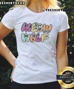 Premium Meow Wolf Happy Logo Ladies Tee featuring vibrant colors and playful design for cat lovers and art enthusiasts.