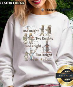Premium One Knight Two Knights sweatshirt featuring a red knight and blue knight design for gamers and fantasy fans.