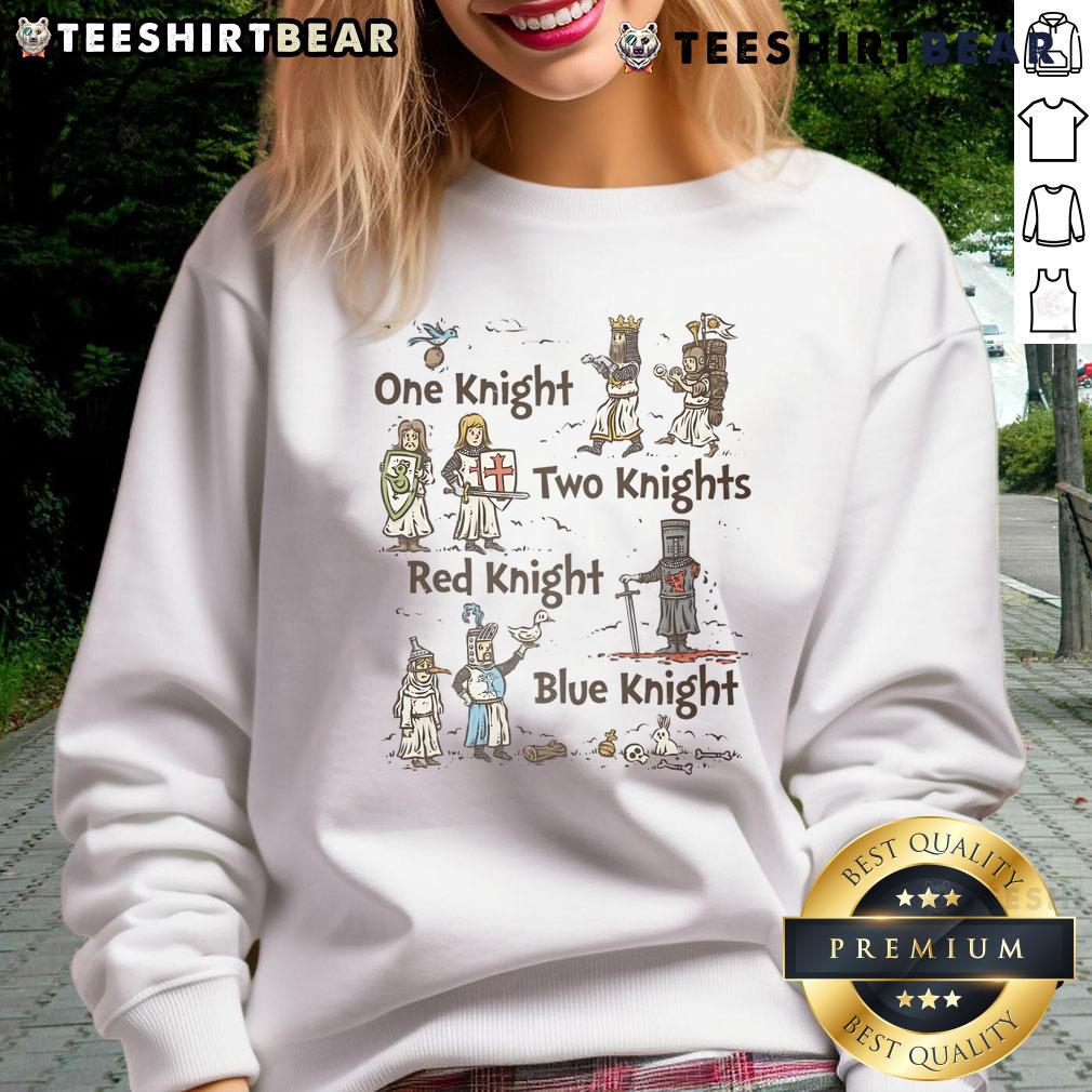 Premium One Knight Two Knights sweatshirt featuring a red knight and blue knight design for gamers and fantasy fans.