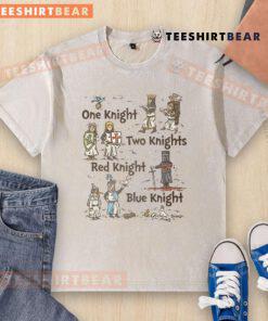 Alt Text: Premium One Knight Two Knights washed t-shirt featuring red and blue knights in a stylish graphic design.